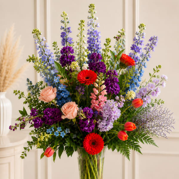 Colorful mixed bouquet in a clear glass vase