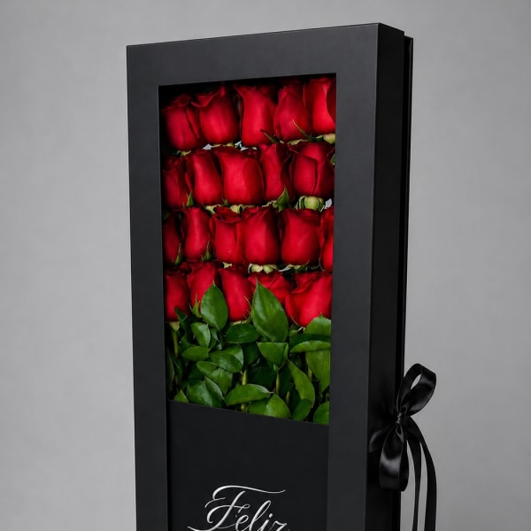Black gift box with red roses and green leaves, labeled "Feliz aniversario"