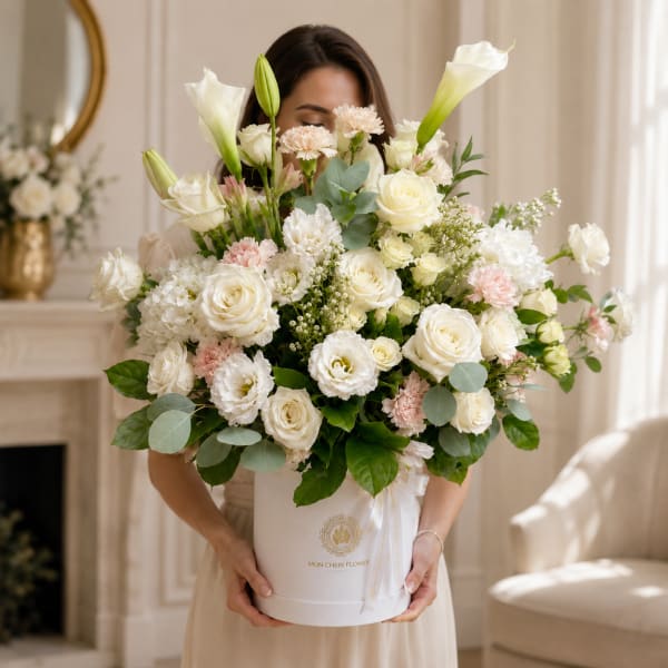 Large white and blush floral arrangement in a round gift box
