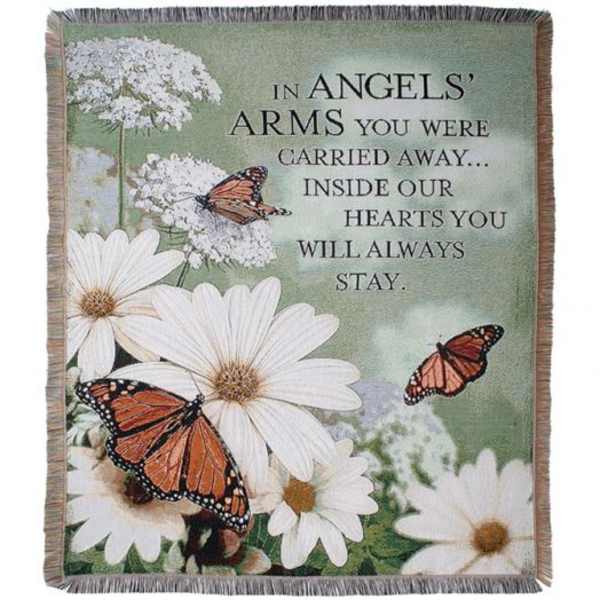 Memorial blanket with white daisies, butterflies, and a sympathy message