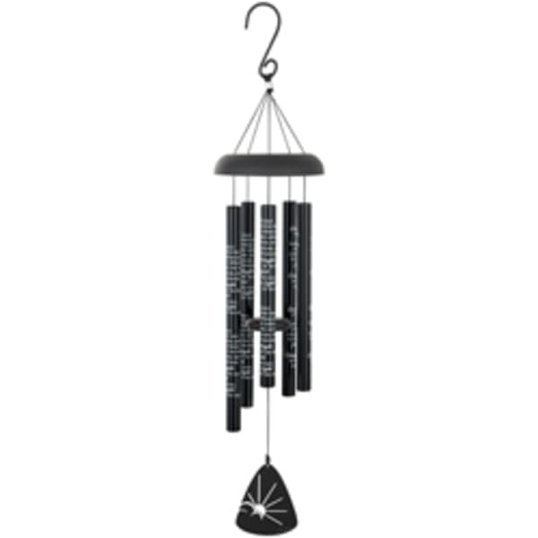 Black hanging wind chime with cylindrical tubes and a bell-shaped clapper