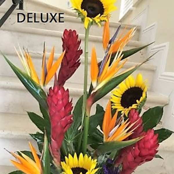 Tropical arrangement with sunflowers and bird-of-paradise flowers