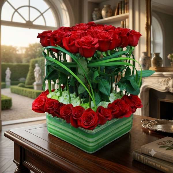 Red roses arranged in a square green-striped box with ribbon accents
