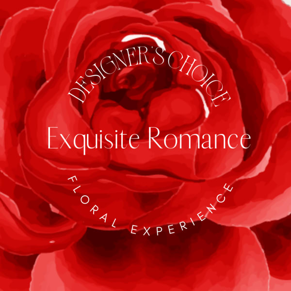 Close-up of a red rose with white text reading Designer’s Choice Exquisite Romance