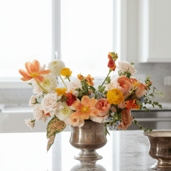 Low centerpiece of peach, yellow, and white flowers in a silver compote vase on a kitchen counter