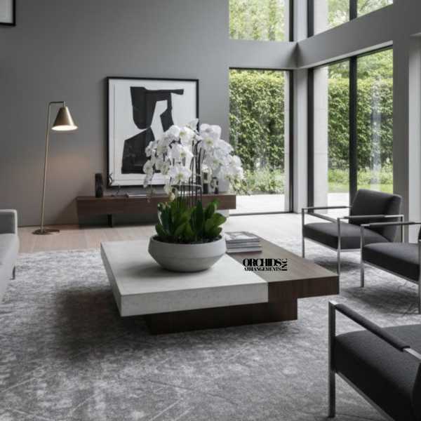 White orchid arrangement in a low round planter on a coffee table