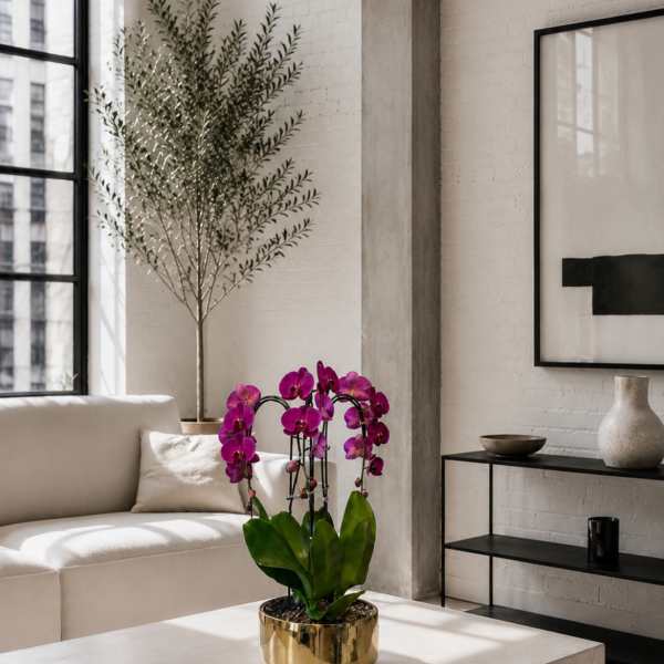 Potted purple orchids in a gold planter on a low table