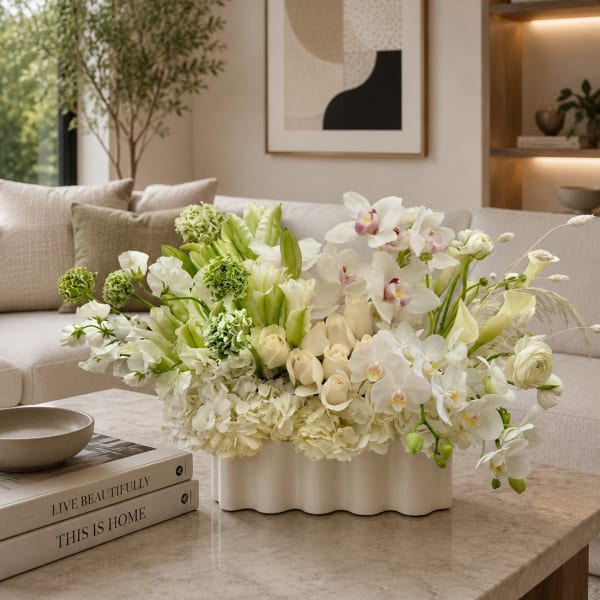 White and green floral arrangement in a low white vase on a coffee table