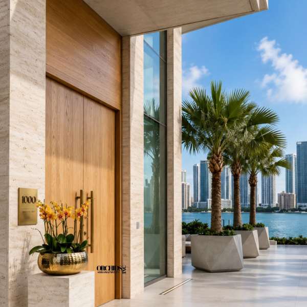Yellow orchid arrangement in a gold bowl outside a modern building
