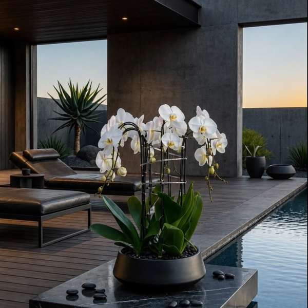 White orchids in a black planter beside a pool