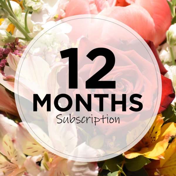 Mixed bouquet with roses and lilies behind a "12 months subscription" label