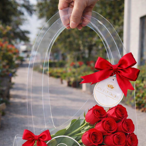 Clear gift bag holding red roses with red bows