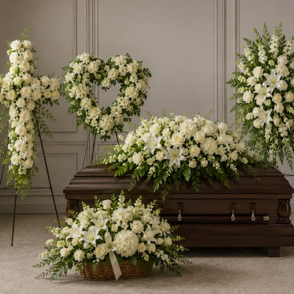 White funeral casket spray with matching standing floral tributes