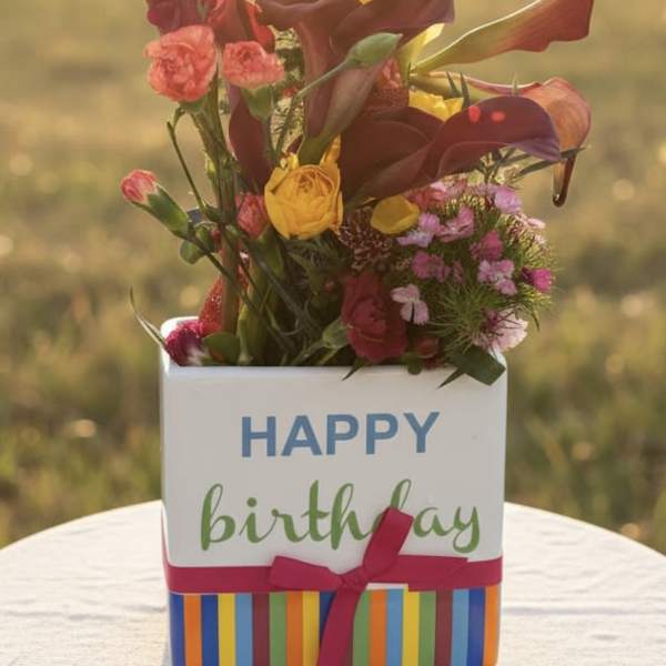 Happy Birthday ceramic Box vase bouquet
