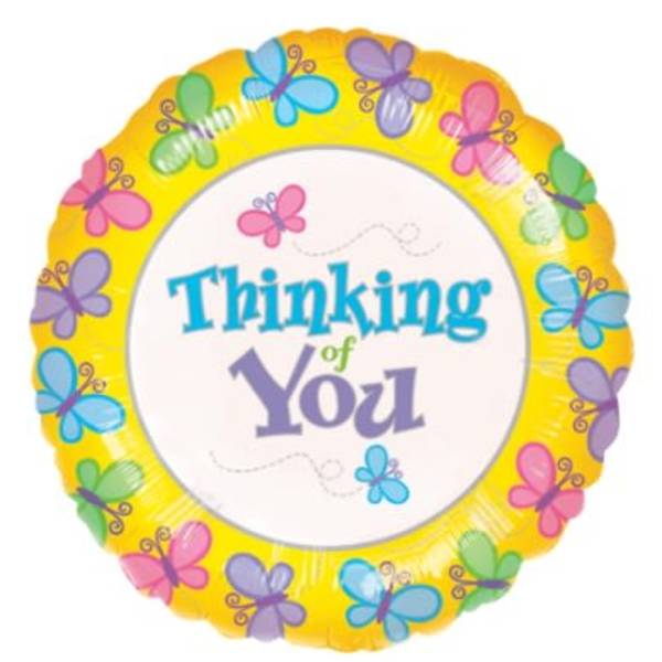 Round yellow balloon with colorful butterflies and "Thinking of You" text