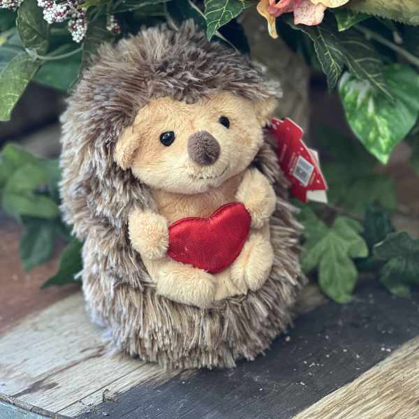 Plush hedgehog holding a red heart in front of orange flowers