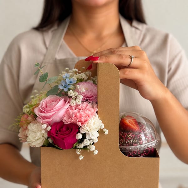 Gift box with pink flowers and a chocolate dessert cup