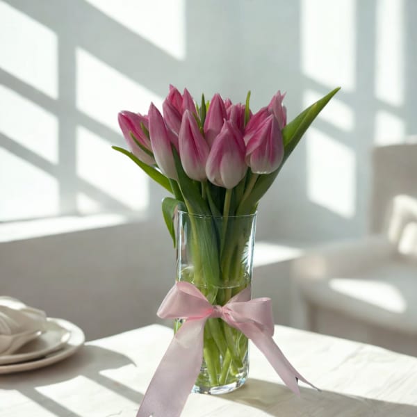 Pink tulips in a clear glass vase with a pink ribbon