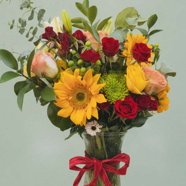 Mixed bouquet of sunflowers, red roses, and lilies in a glass vase with a red ribbon