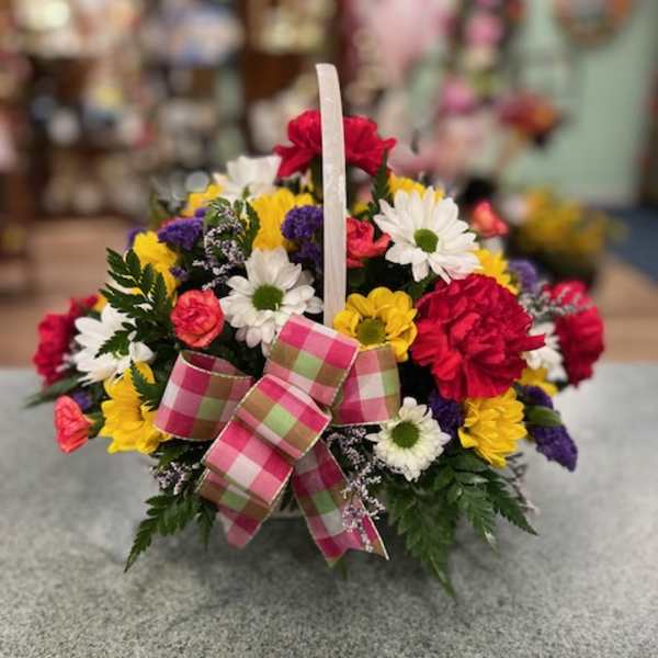 Basket of mixed daisies and carnations with a plaid bow