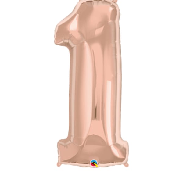 Rose gold number 1 foil balloon on a white background