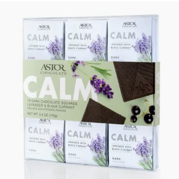 Box of Astor chocolate bars with lavender and black currant packaging