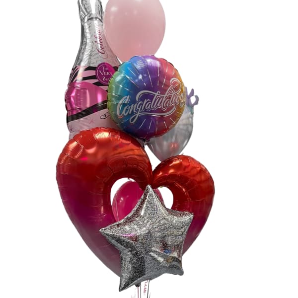 Cluster of colorful congratulatory balloons with heart and star shapes