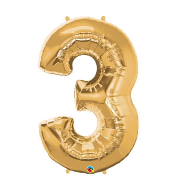 Gold foil balloon shaped like the number 3