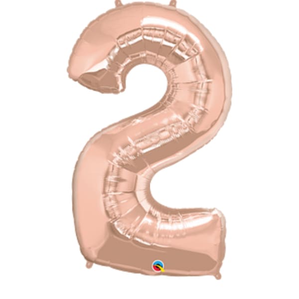 Rose-gold foil balloon shaped like the number 2