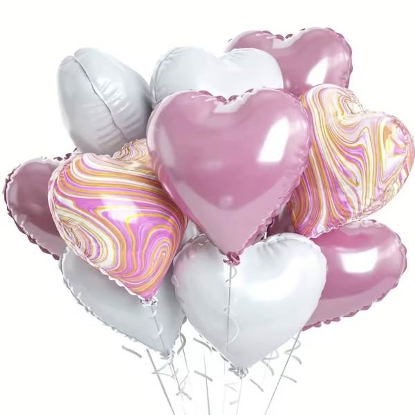 Cluster of heart-shaped pink, white, and marbled balloons