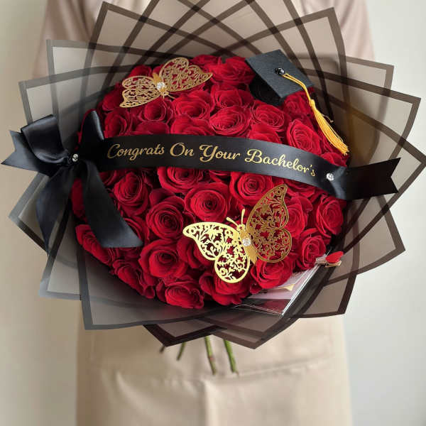 50 Roses Congrats On Your Bachelor's Graduation Bouquet Custom Ribbon