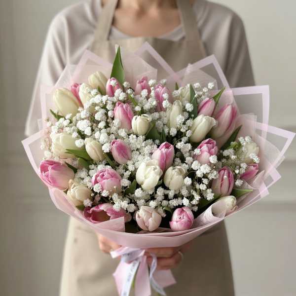 Pink & White Tulip Bouquet (30 Tulips)