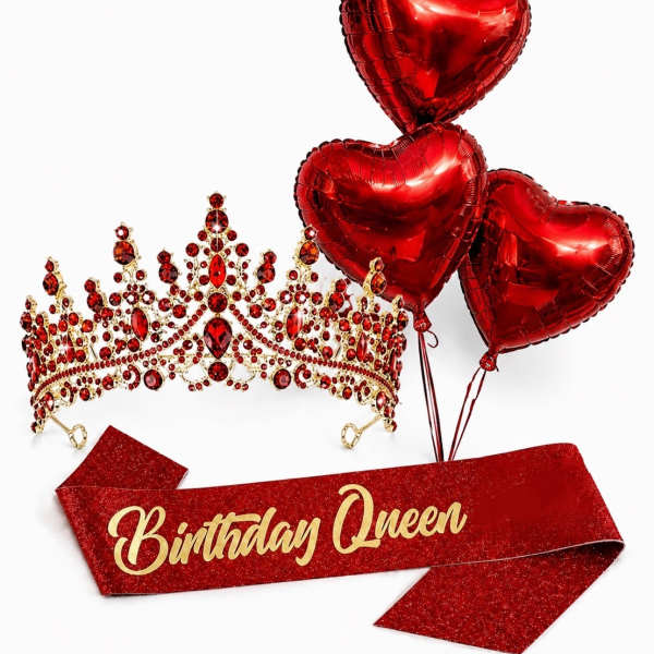 Red heart balloons with a jeweled crown and a Birthday Queen sash
