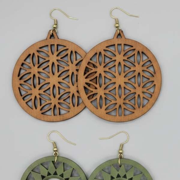 Round wooden flower of Life earrings set