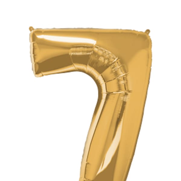 Gold foil balloon shaped like the number 7
