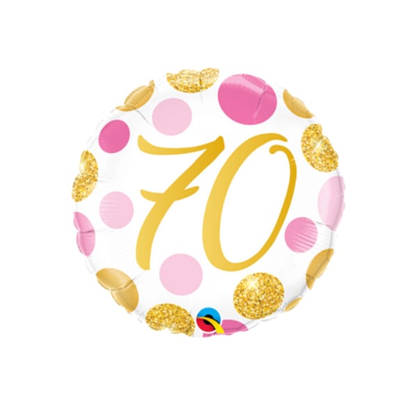 Round balloon with the number 70 in gold and pink polka dots