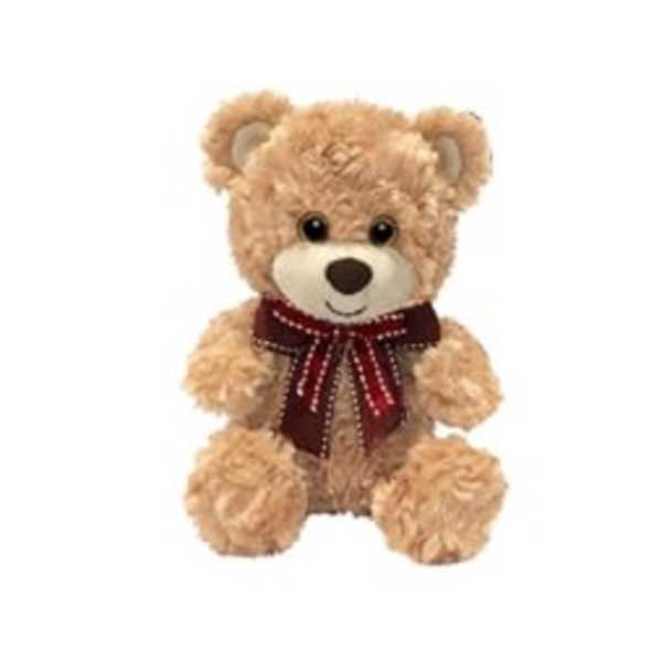 Plush teddy bear with a red ribbon bow