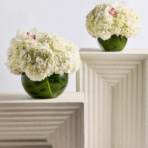 Two white hydrangea arrangements in green glass vases on pedestals