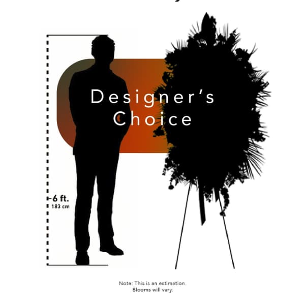 Designer’s choice standing floral spray on an easel with a 6 ft height guide