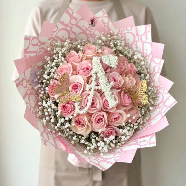 Initial Letter Pink Rose Bouquet with Baby Breath Rim