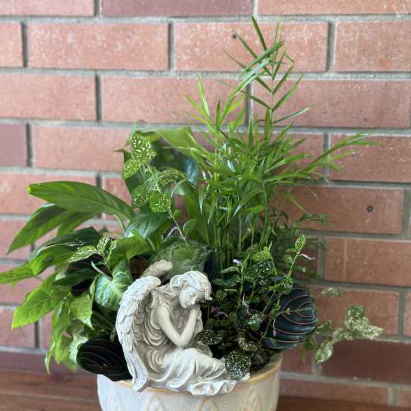 Potted green houseplants with a small angel figurine in a ceramic planter