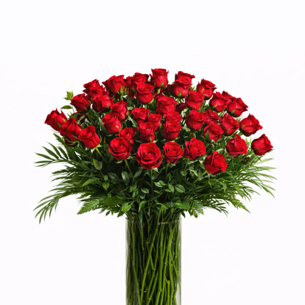 Tall vase of red roses with greenery