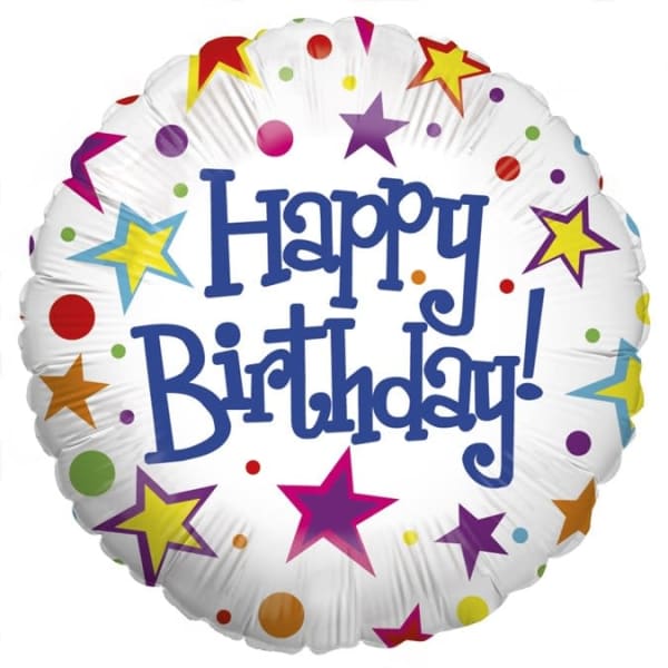 Round birthday balloon with colorful stars and "Happy Birthday!" text
