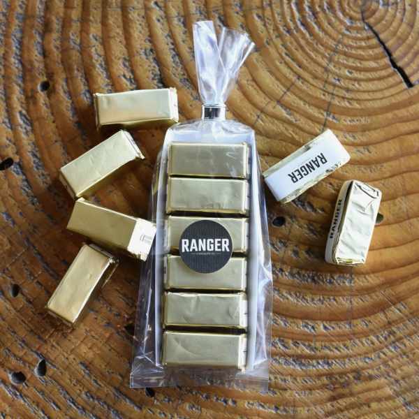 Wrapped candy bars and gold foil chocolates arranged around a clear gift bag