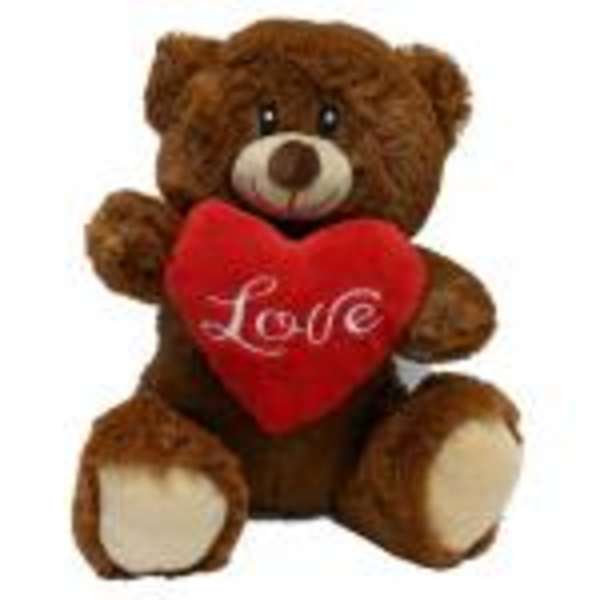 Brown teddy bear holding a red heart with the word Love