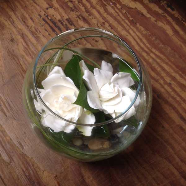 White flowers arranged in a round glass bowl with stones