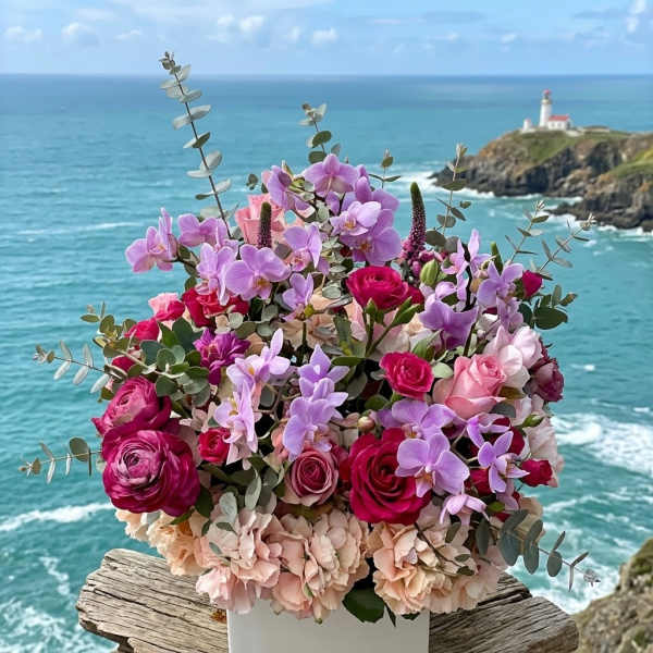 Pink and lavender floral arrangement in a white container by the sea