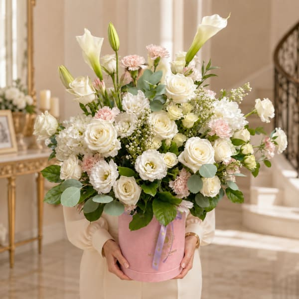 Large bouquet of white roses, lilies, and pink carnations in a pink box