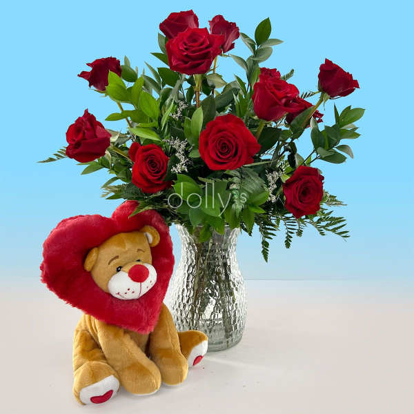 Bundle | Classic Long-Stem Red Roses w/ Lion Heart Plushie