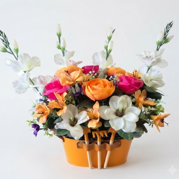 Colorful flower arrangement in an orange container with small gardening tools
